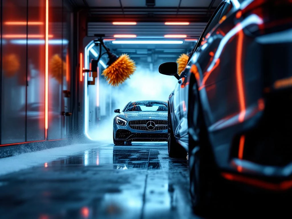 Auto met zwarte trekhaak nadert moderne carwash met LED-verlichting en roterende borstels in tunnelentree