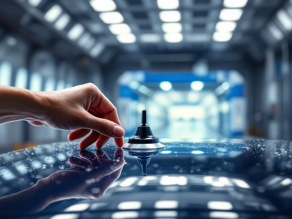 Hand drukt chromen auto-antenne omlaag voor het betreden van een moderne autowasstraat met blauwe apparatuur