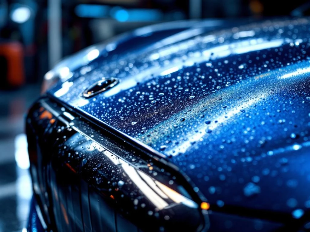 Luxe auto met hydrofobe coating en waterdruppels die afrollen van de glanzende motorkap met regenboogreflecties