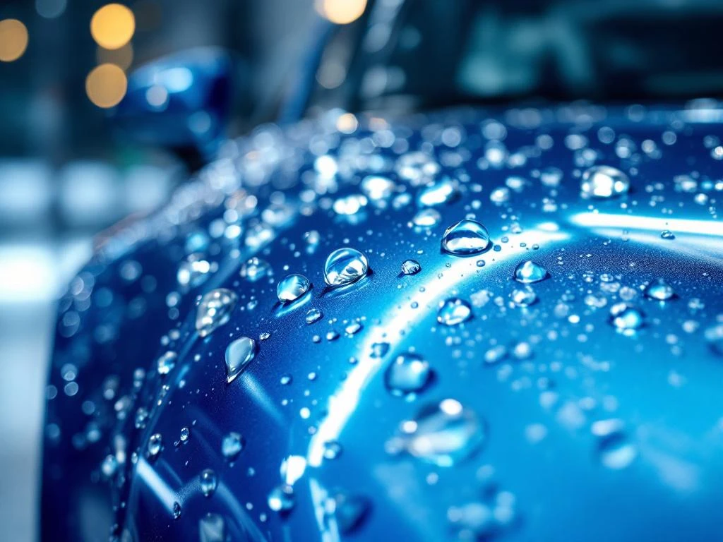 Glanzend autooppervlak met waterdruppels op hydrofobe coating, dramatische verlichting toont spiegelglans