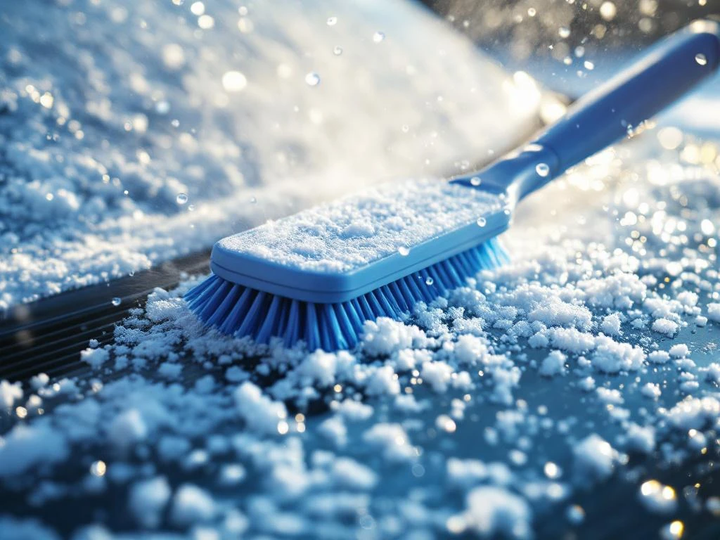 Bevroren autovoorruit met ijskristallen, blauwe wasborstel en stoom van warm zeepwater bij winterse autowasbeurt