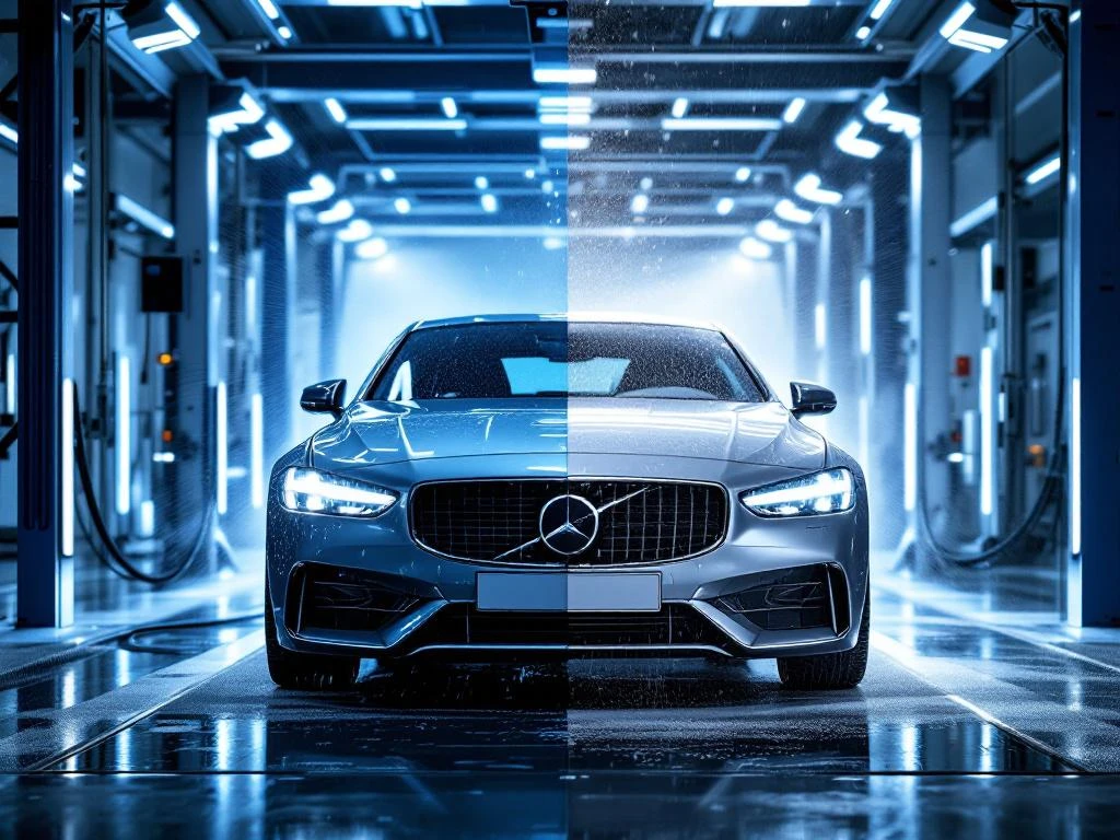 Auto in wasstraat toont voor-en-na effect van beschermende coating: linkerkant glanzend waterafstotend, rechts dof