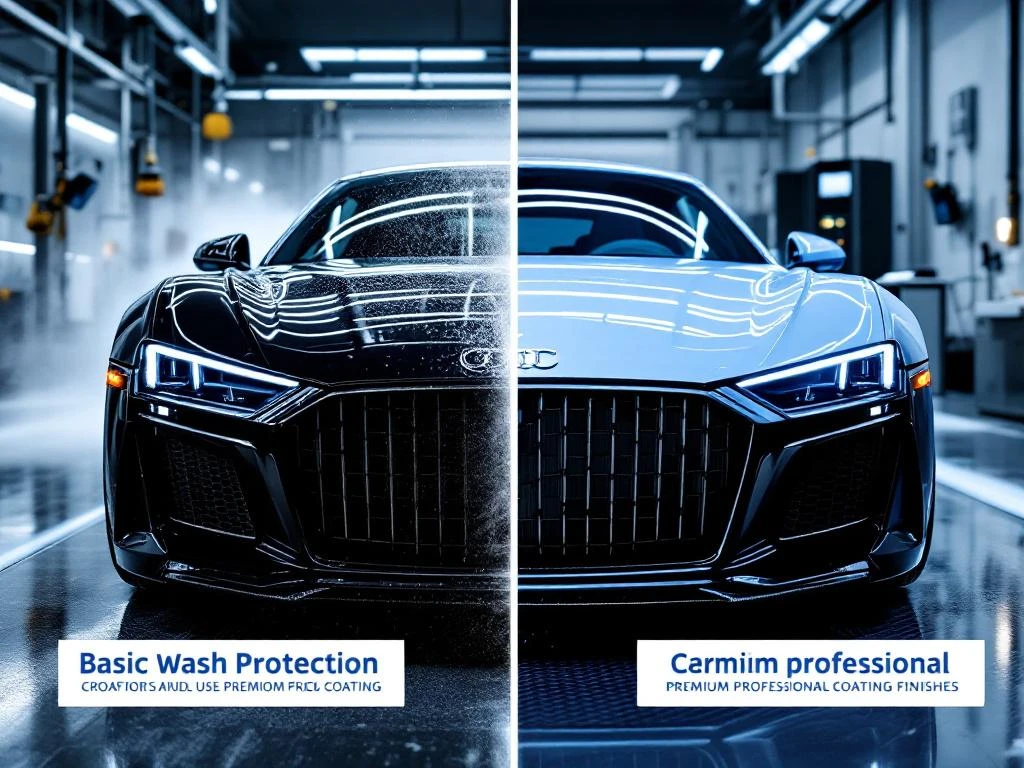 Luxe auto toont verschil tussen basis carwash en professionele keramische coating in gecontroleerde studioomgeving