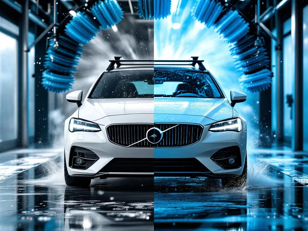 Witte auto met dakdragers in gesplitst beeld: schoon buiten en in geautomatiseerde wasstraat met blauwe borstels