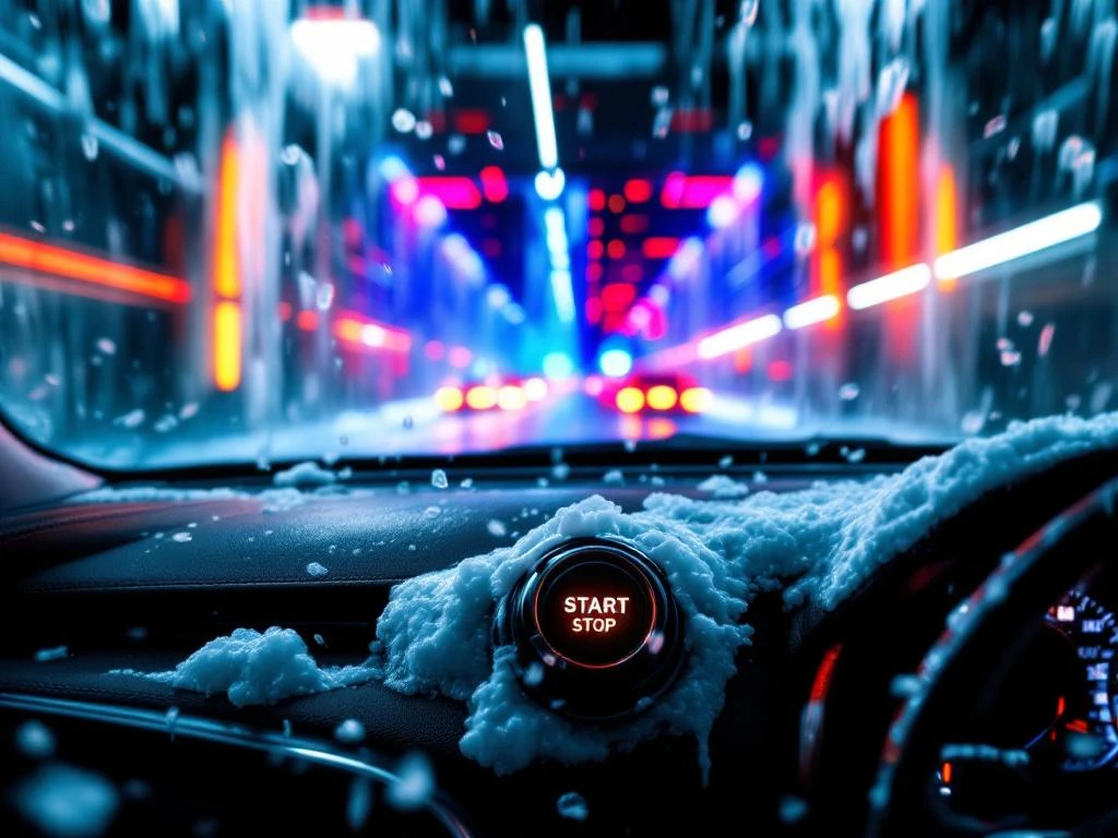 Auto dashboard met start/stop knop tijdens autowasbeurt, zeepschuim en borstels zichtbaar door voorruit