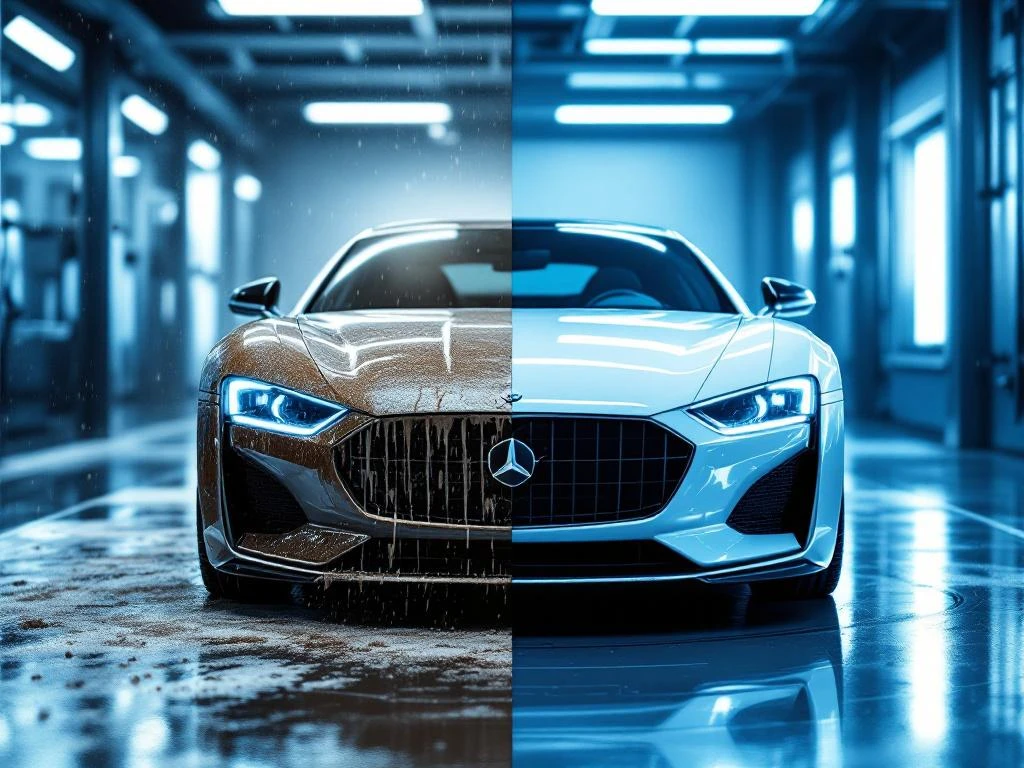 Luxe auto toont dramatisch voor-en-na contrast van professionele detailing: vuile linkerkant versus glanzende rechterkant