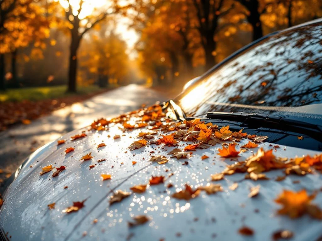 Witte auto met herfstbladeren en modder op motorkap, gouden zonlicht door kale takken, natte bestrating op achtergrond