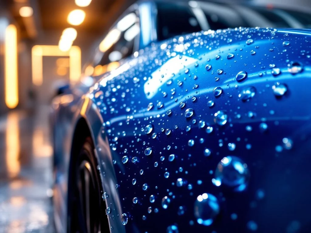 Luxe auto motorkap met waterdruppels die afrollen van blauwe metallic lak, toont hydrofobe bescherming in autowasserij