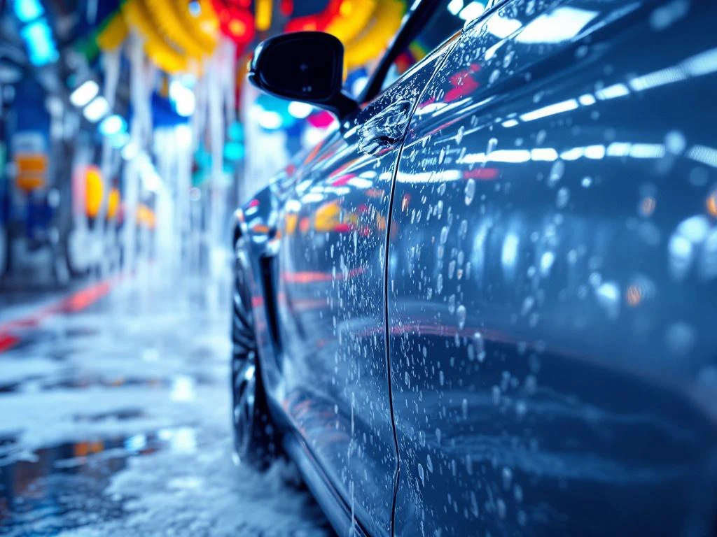 Luxe auto met zichtbare krassen in geautomatiseerde wasstraat met kleurrijke borstels en schuim op de achtergrond