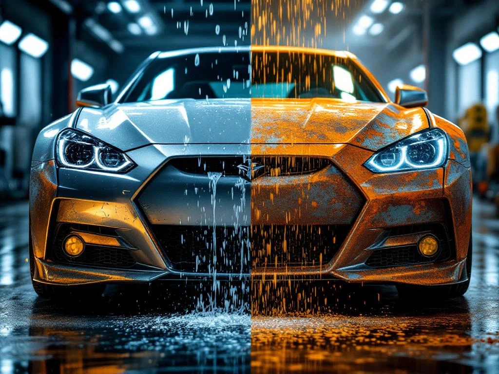 Schone auto met glanzende lak naast roestige auto met corrosie in autowasserij, toont voor en na contrast