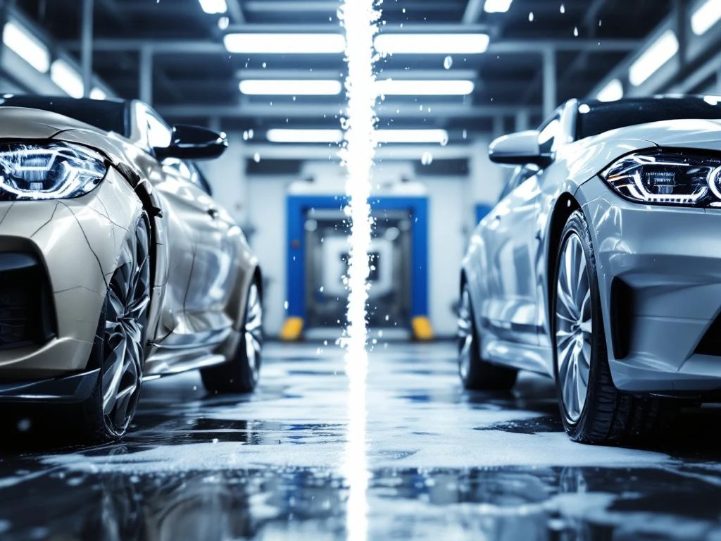 Beschadigde auto met krassen en deuken naast glanzende auto in moderne wasstraat met industriële apparatuur