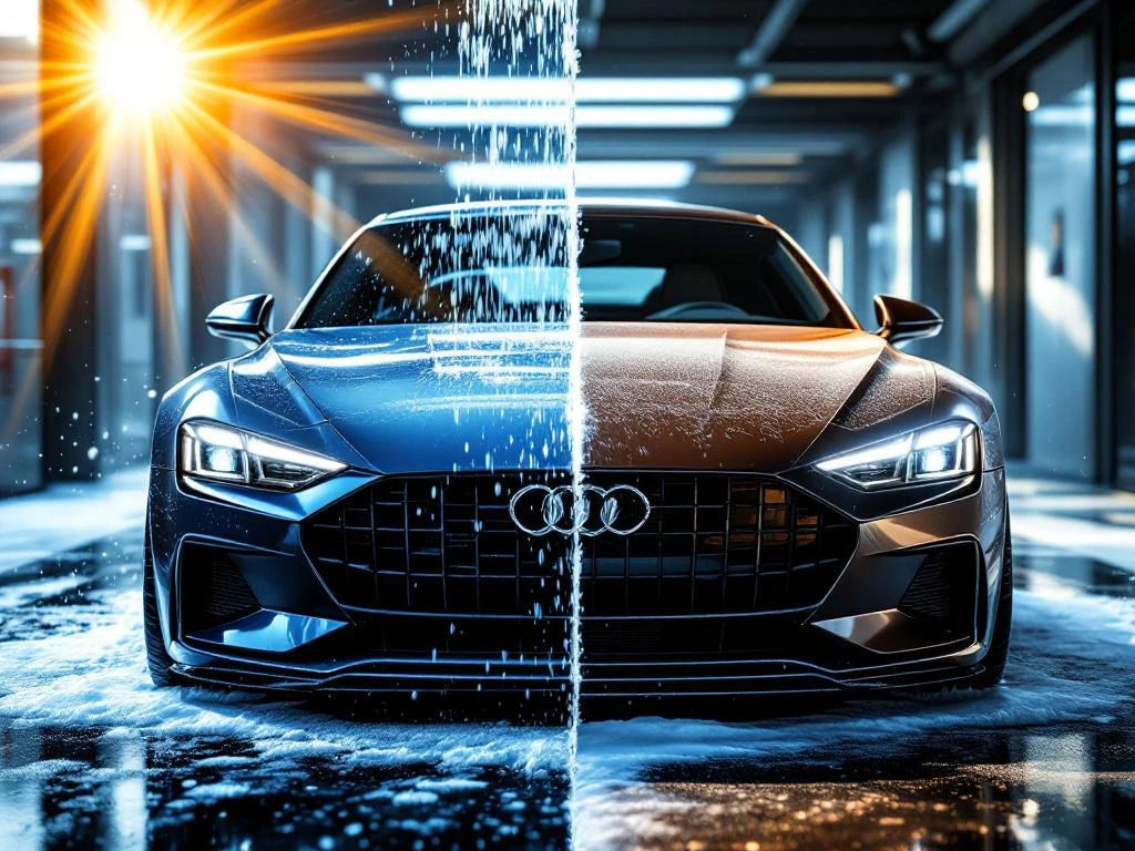 Moderne auto met glanzende lak, half beschermd door zeepbellen tegen UV-stralen, half blootgesteld aan zonschade