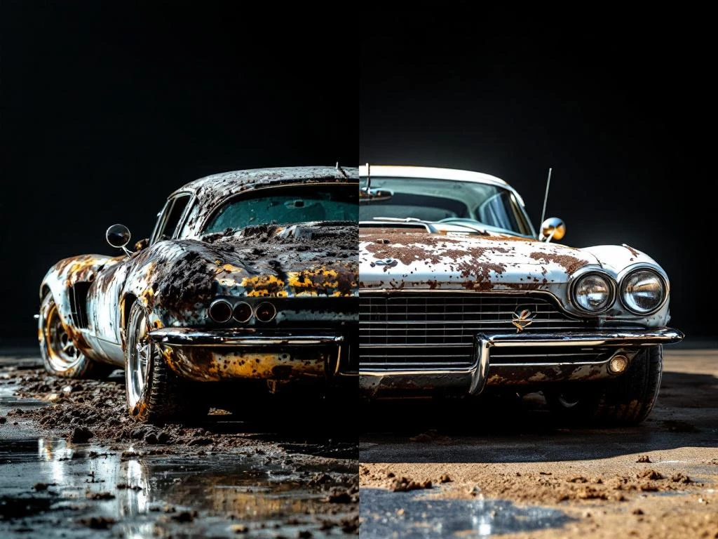Auto voor en na vergelijking: verwaarloosde auto met roest en vuil naast glanzende schone versie van hetzelfde model