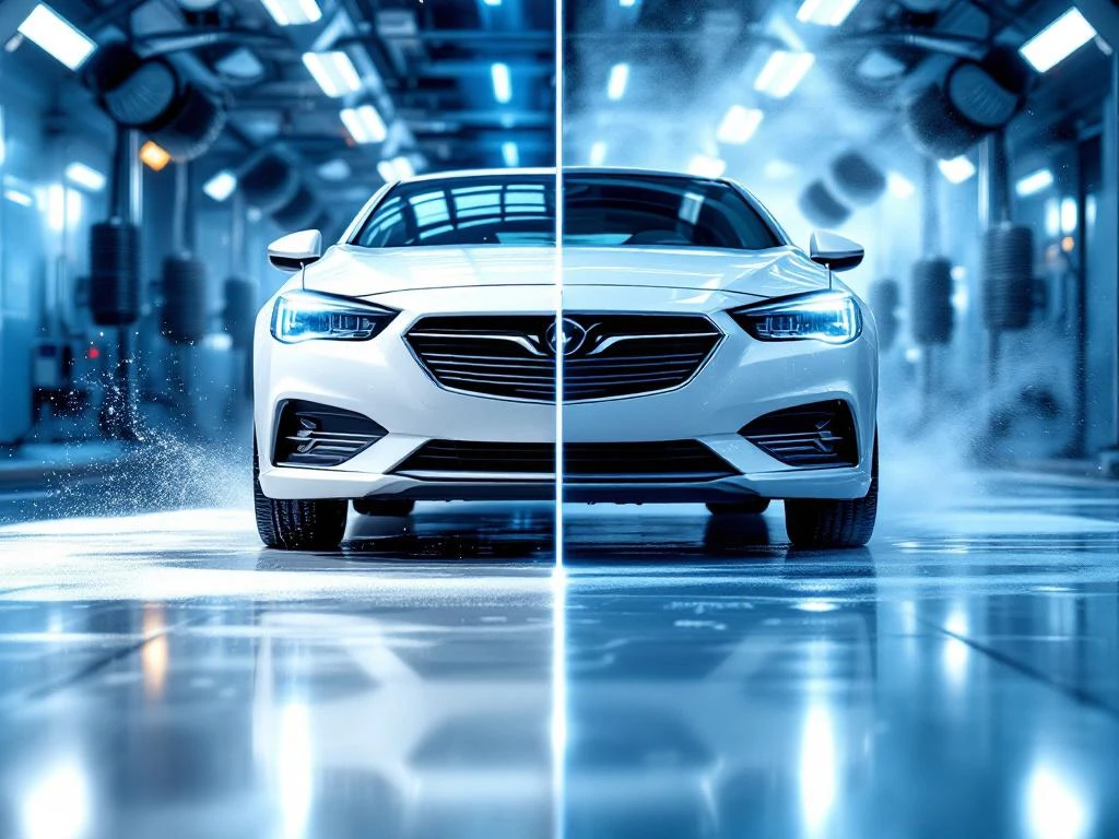 Vergelijking van twee auto's: links glanzende witte auto, rechts auto met krassen en doffe lak bij autowasserette