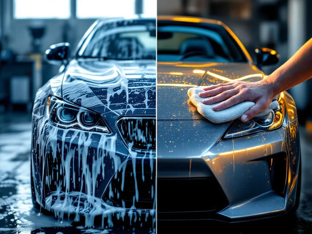 Twee auto's in split-screen: links wordt gewassen met zeepsop, rechts gepolijst met glanzende reflectie