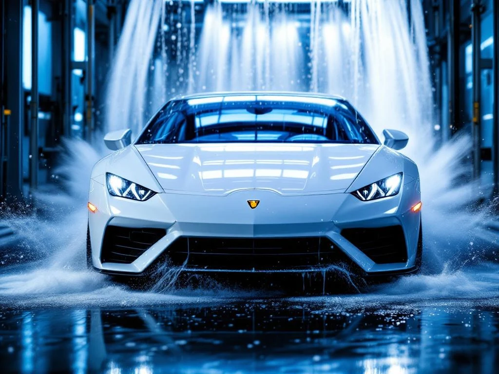 Witte auto met waterdruppels wordt gewassen door professionele borstels in moderne wasstraat met blauw licht