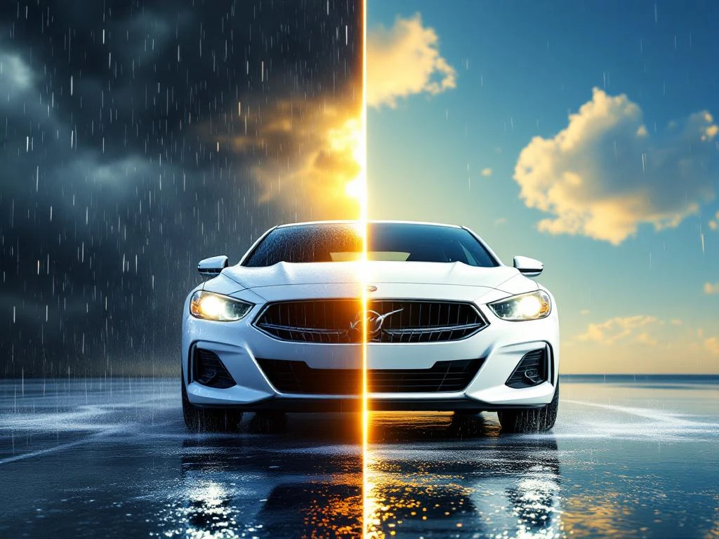 Witte auto tussen regenachtige en zonnige omstandigheden toont dilemma van autowassen voor regenval