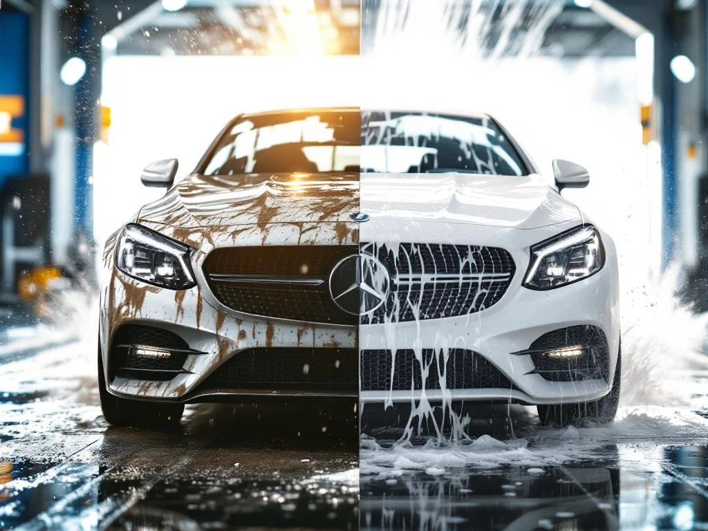 Schone witte auto naast vuile versie toont voor-en-na vergelijking bij autowasserette met blauw-wit logo