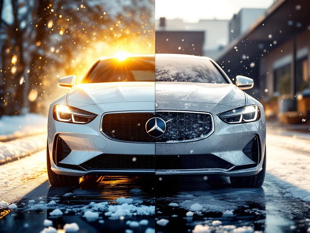 Schone witte auto links versus vuile auto rechts bedekt met winterzout en modder, met autowasserette op achtergrond