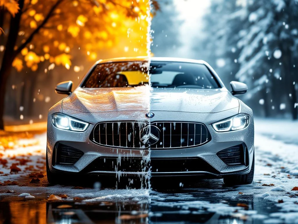 Auto half gewassen met zeepschuim, half bevroren met ijs, toont voordelen winterse autowasbeurt bij seizoensovergang
