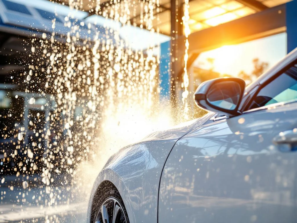 Witte auto wordt gewassen met waterdruppels in moderne wasstraat met zonnepanelen onder zomerse zon