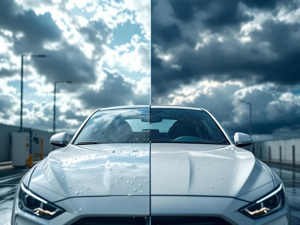 Witte auto wordt gewassen onder contrasterende weersomstandigheden: zonneschijn links, bewolkt rechts