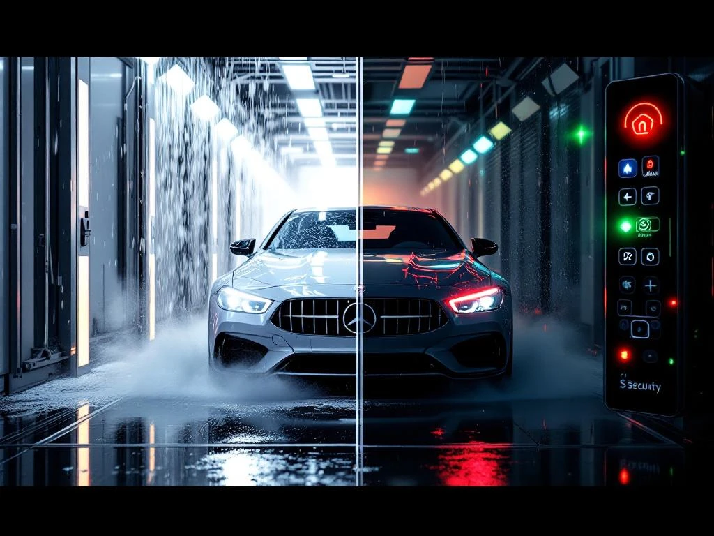 Auto rijdt moderne geautomatiseerde wasstraat in naast close-up van beveiligingspaneel met knipperende indicatoren