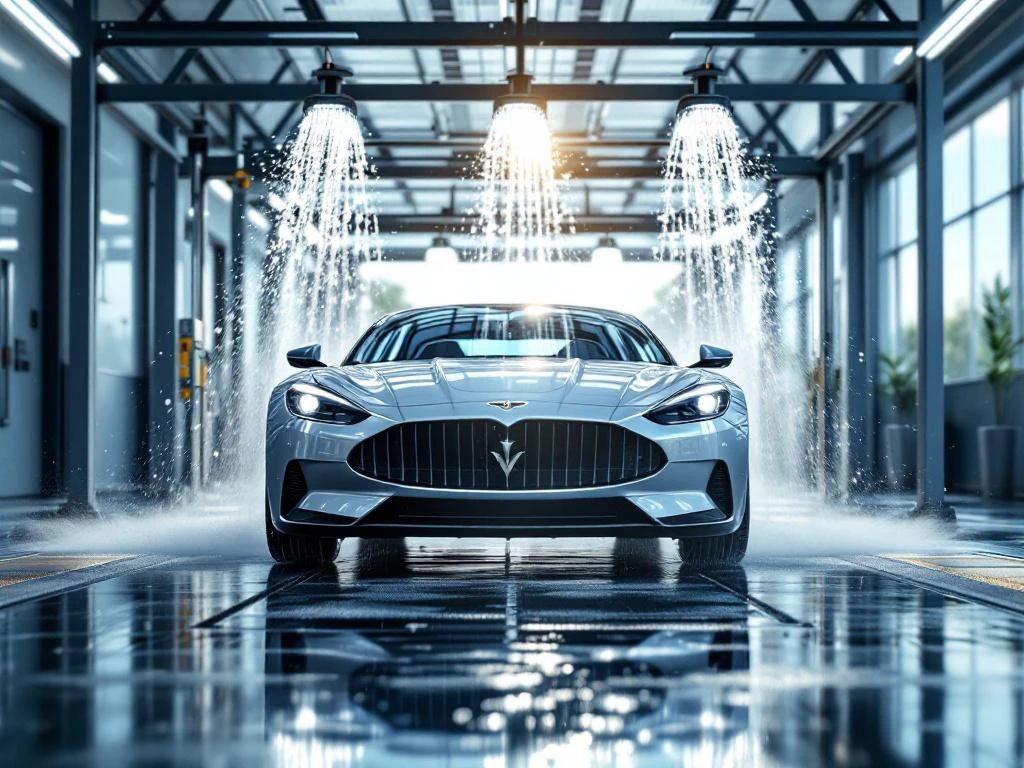 Zilveren auto bij moderne milieuvriendelijke wasstraat met geautomatiseerde apparatuur en zonnepanelen op het dak