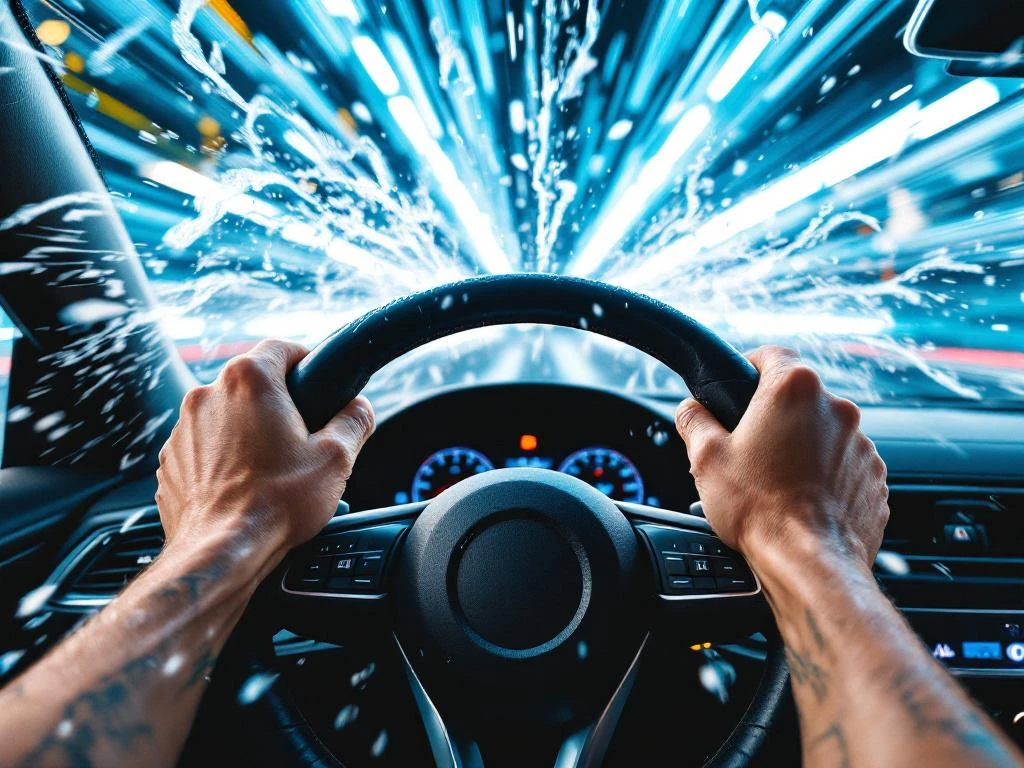 Handen aan zwart stuur in automatische wasstraat met blauwe borstels en waterdruppels op voorruit