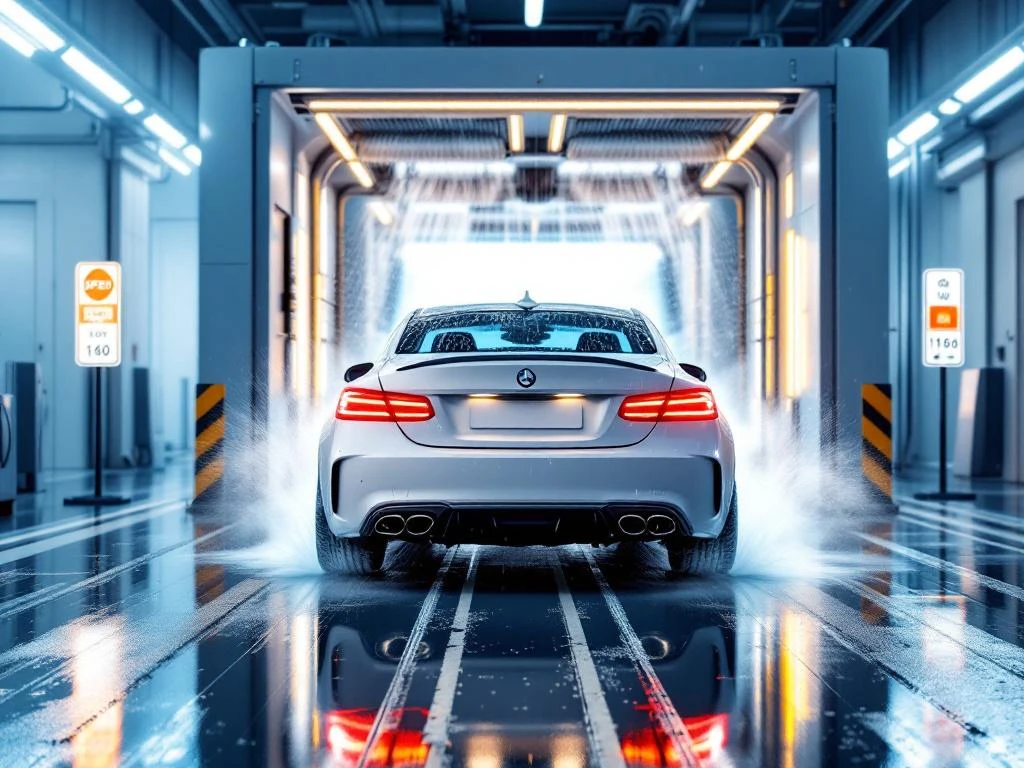 Glanzende auto verlaat moderne autowasstraat met waterdruppels op gelakte oppervlak, snelheidsbord zichtbaar