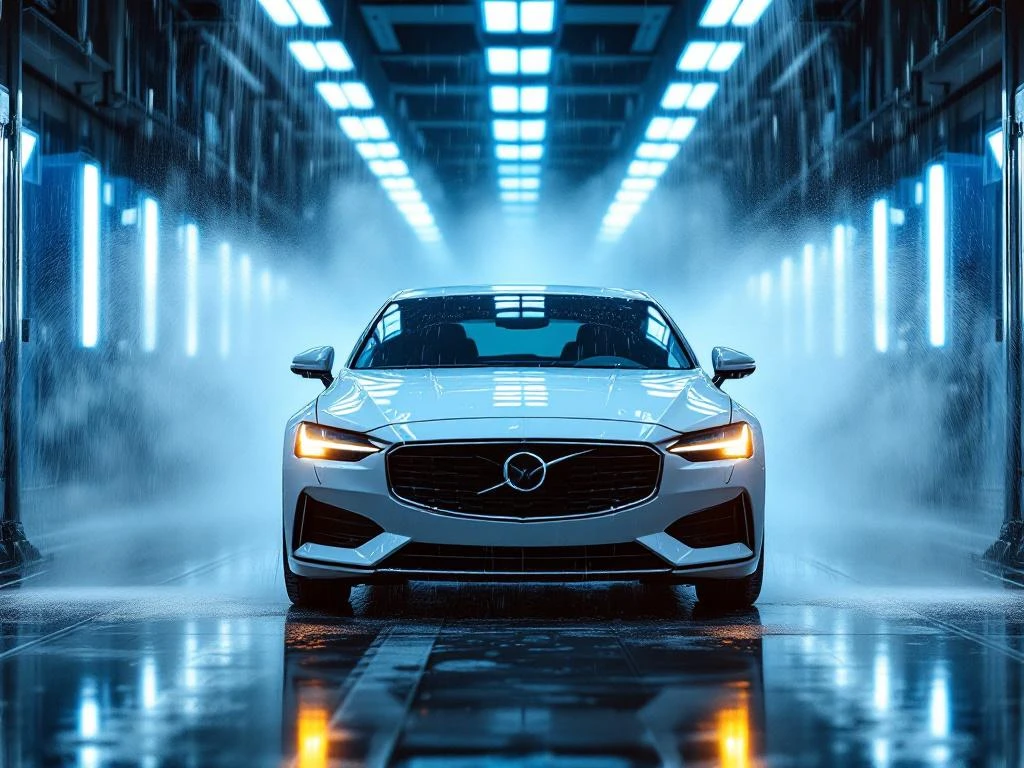 Witte auto in moderne wasstraat met LED-verlichting, waterdruppels en kleurrijke zeepschuim op glanzende carrosserie