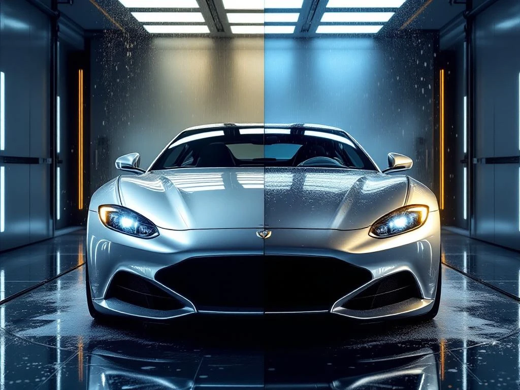 Luxe zilveren auto in moderne wasstraat toont contrast tussen doffe en glanzende gewaxte helft met waterdruppels