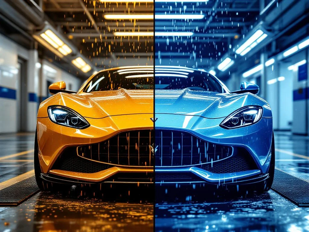 Twee luxe auto's in autowasserij: links met wasafwerking, rechts met keramische coating, verschillende waterdruppelpatronen