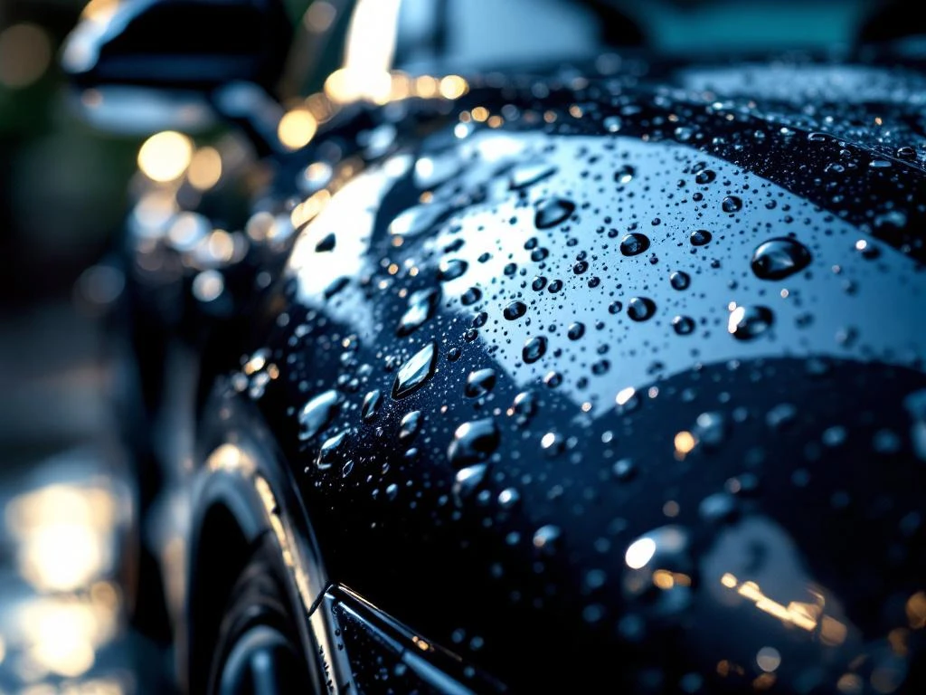 Glanzende auto met waterdruppels op verse waxlaag toont hydrofobe bescherming en spiegelglans