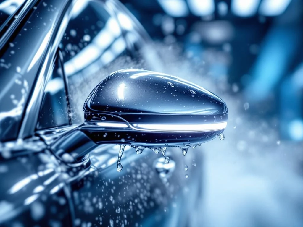 Chromen zijspiegels van luxeauto met waterdruppels tijdens professionele autowasbeurt in wasstraat