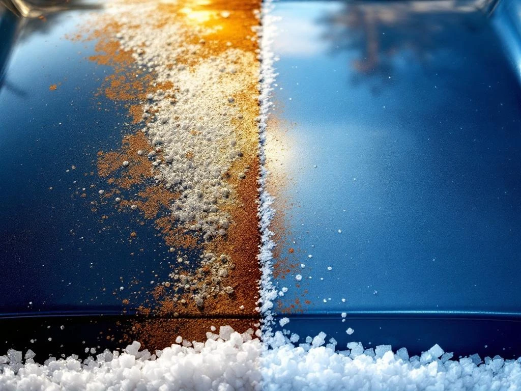 Auto met gesplitst oppervlak: linkerzijde toont zoutcorrosie en roest, rechterzijde glanzend beschermd metaal