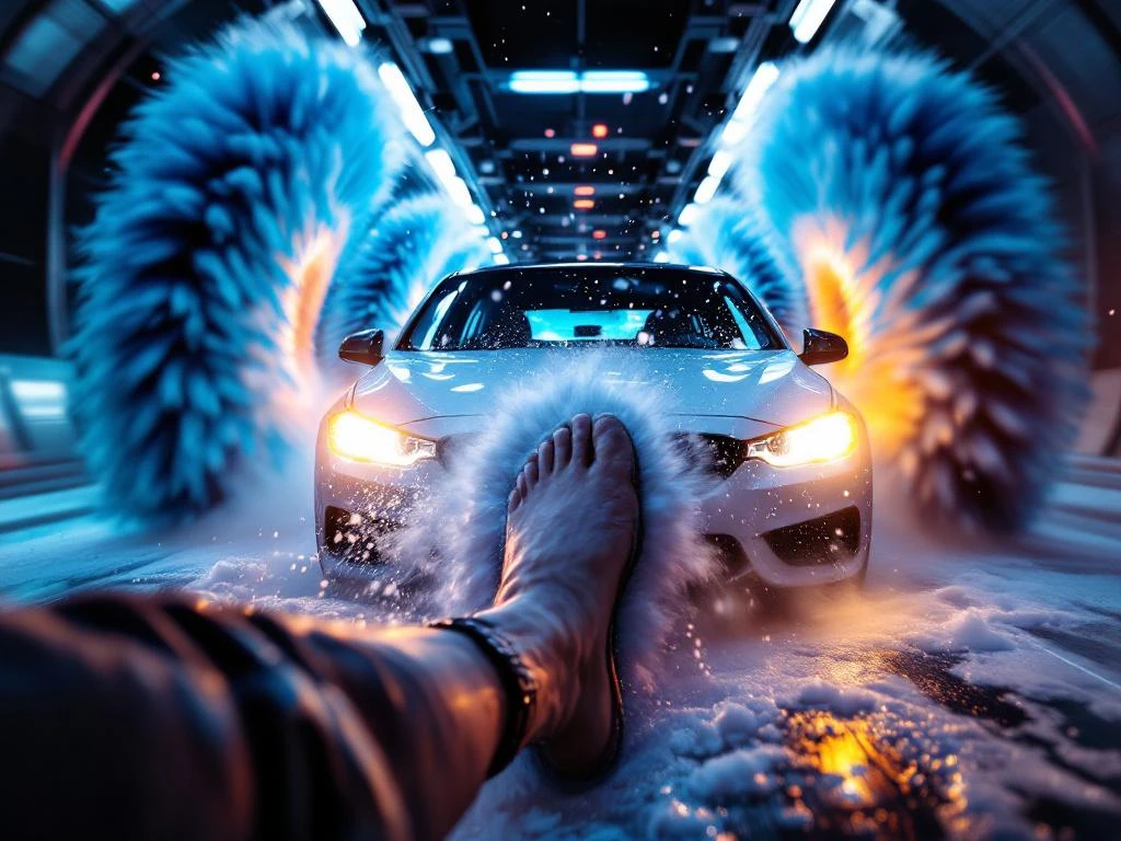 Voet drukt rempedaal in tijdens autowasbeurt met draaiende borstels en zeepsop rondom auto