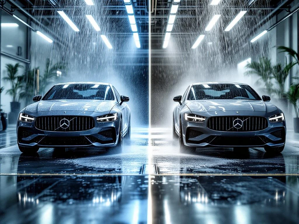 Twee identieke auto's in autowasfaciliteit tonen verschil tussen basiswas en premium glanzende afwerking