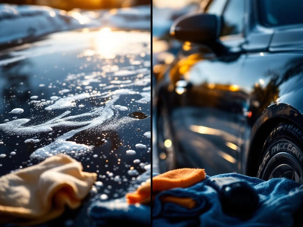 Splitscreen vergelijking van verkeerde en juiste autowasresultaten met krassen versus glanzende lak en detailing tools