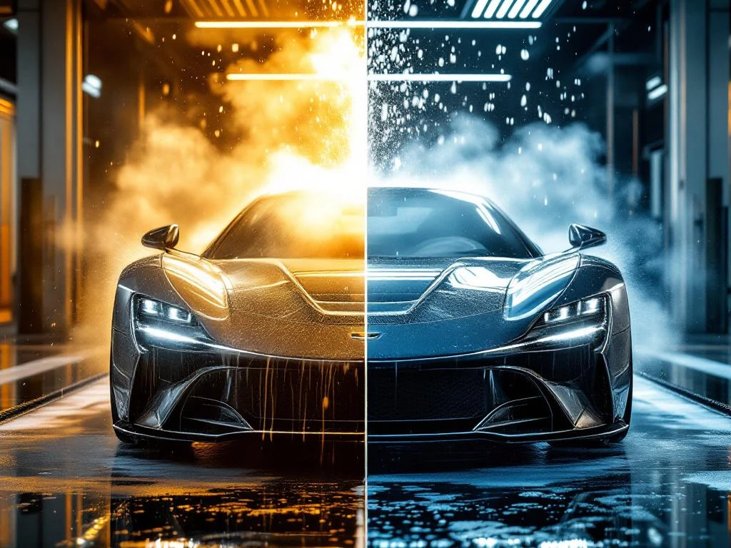 Twee identieke luxeauto's worden gewassen met heet en koud water in moderne wasstraat met dramatische verlichting