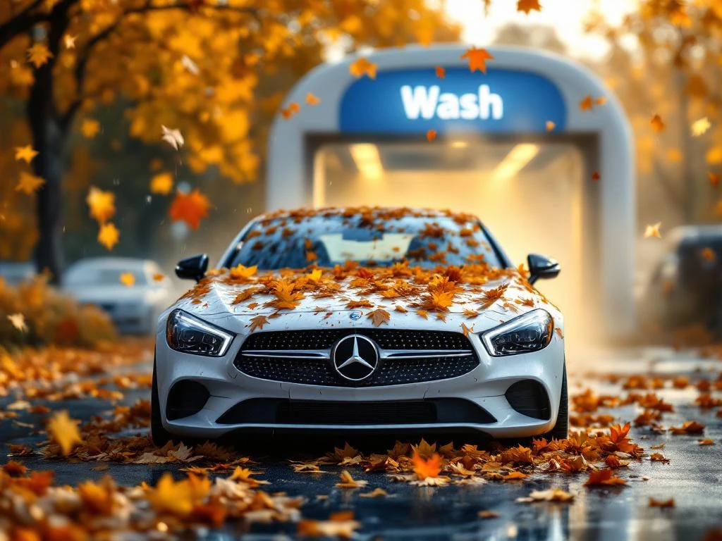 Auto bedekt met herfstbladeren en boomhars voor moderne wasstraat met blauwe verlichting