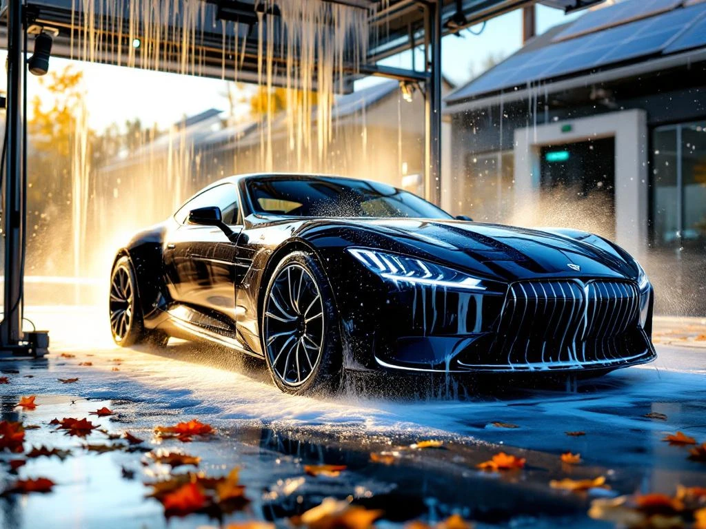 Luxe auto wordt gewassen in moderne wasstraat met gouden licht, waterdruppels en ecovriendelijke zonnepanelen