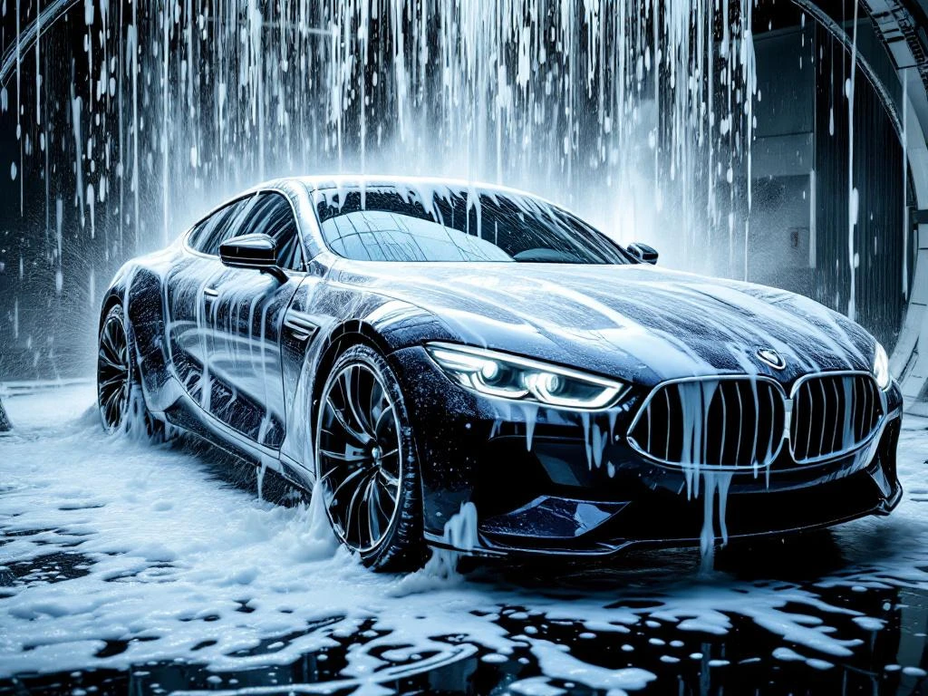 Luxe auto wordt gewassen met overdadige zeepschuim en waterstralen, professionele wasapparatuur zichtbaar rondom voertuig.