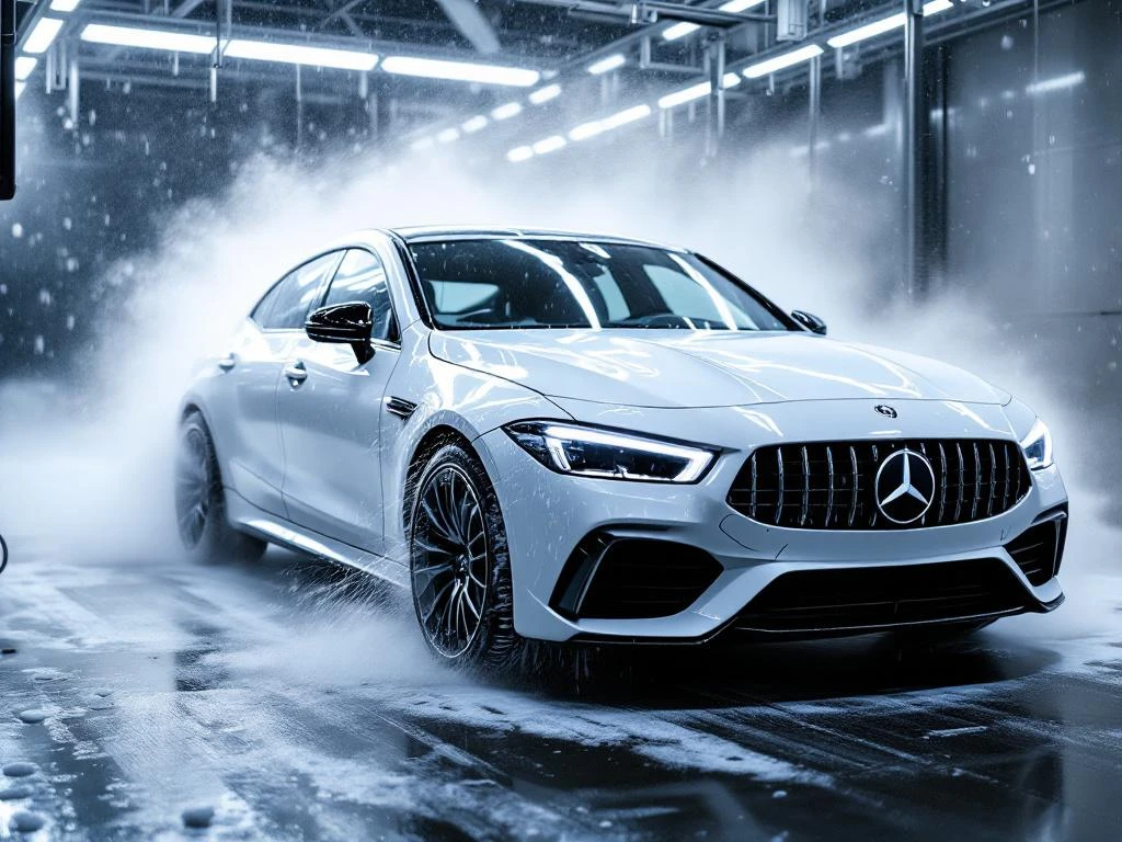 Witte auto wordt gewassen in moderne wasstraat tijdens winter, met sneeuw en ijs zichtbaar op omliggende oppervlakken.