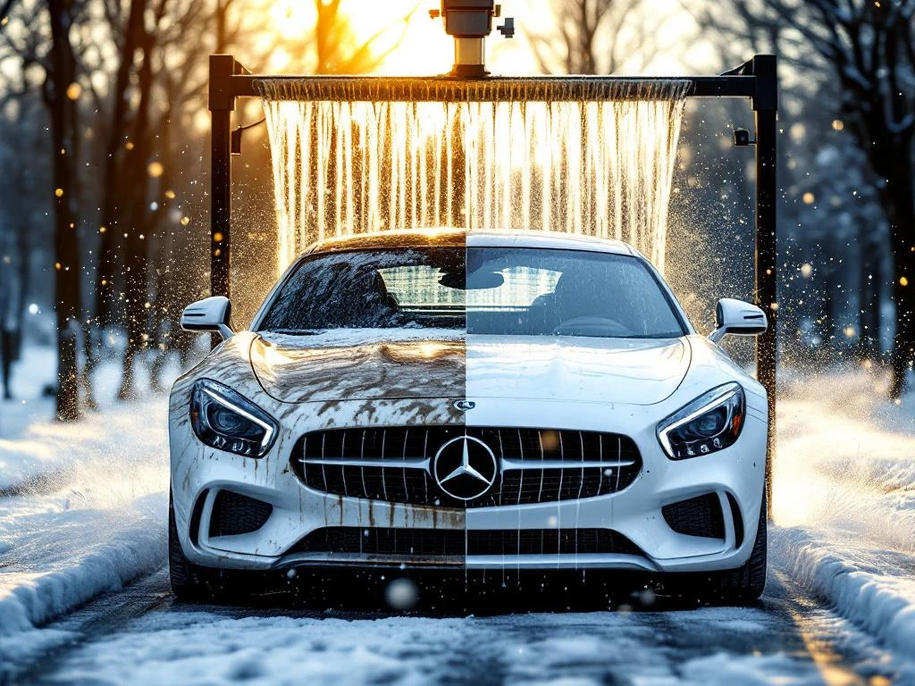 Witte auto half vuil en half schoon onder autowasinstallatie in winterlandschap met sneeuwval en kale bomen