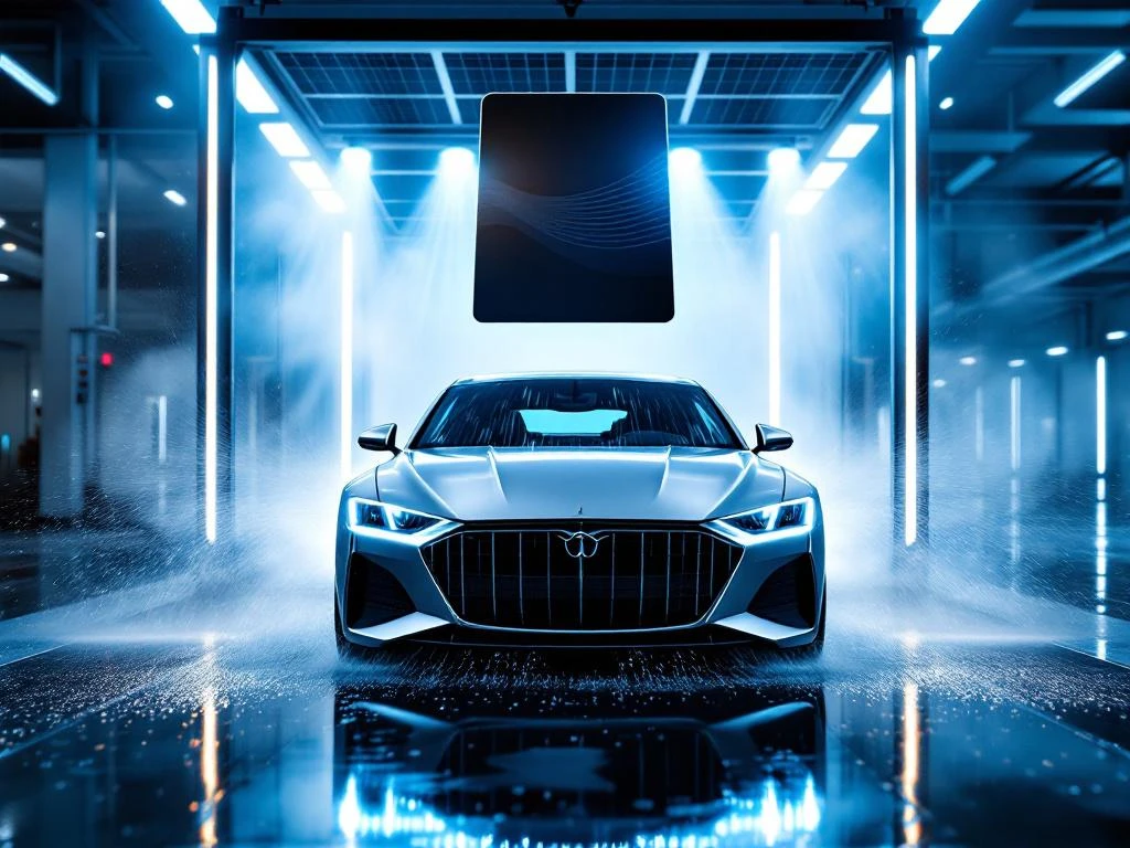 Zilveren auto verlaat moderne wasstraat met gloeiende abonnementskaart, zonnepanelen en LED-verlichting zichtbaar