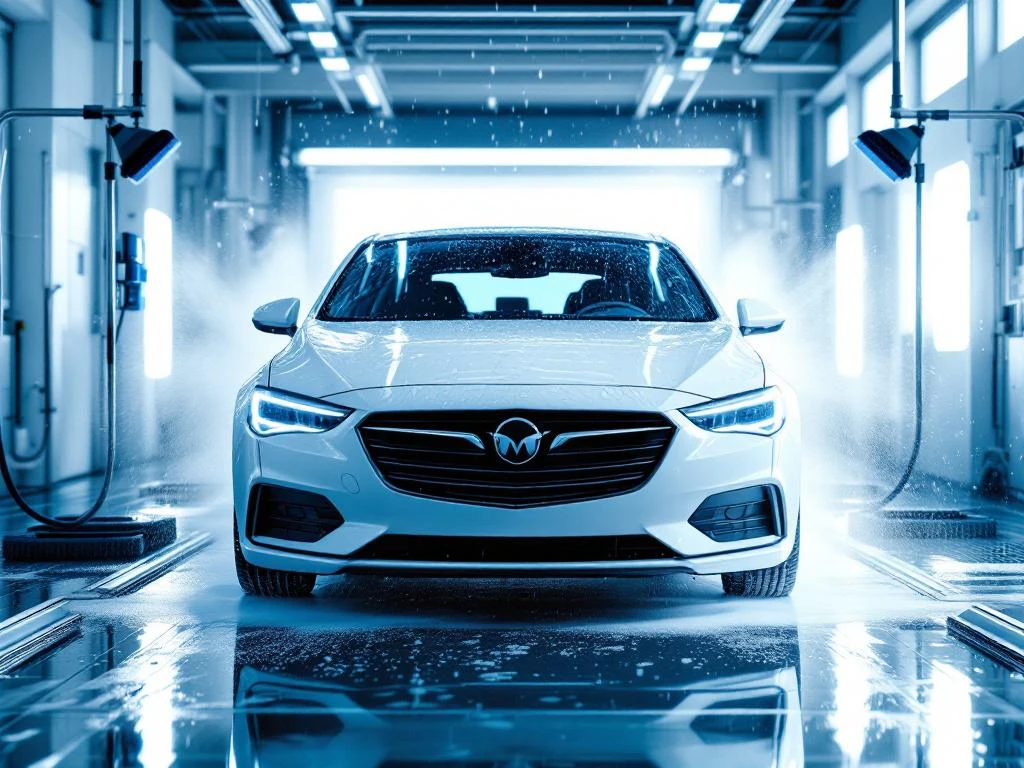 Witte auto wordt gewassen in moderne wasstraat met zeepsop, waterdruppels en professionele apparatuur