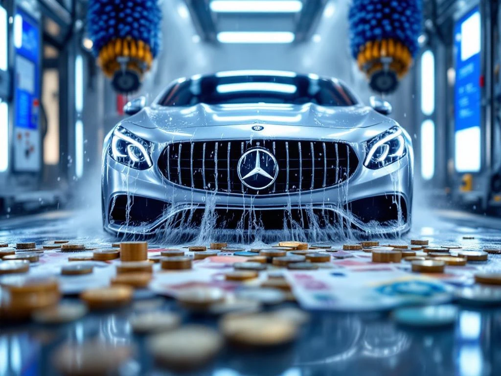 Zilverachtige auto verlaat autowasstraat met zeepsop en waterdruppels, eurobiljetten en munten op voorgrond
