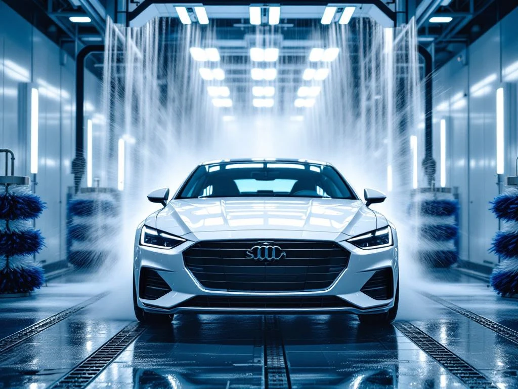 Witte auto in moderne Snella wasstraat met blauwe accenten, waterdruppels en LED-verlichting op gepolijste oppervlak