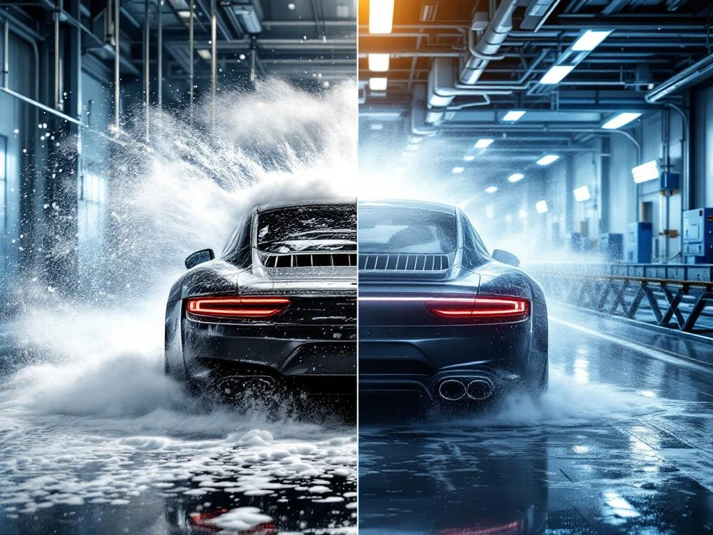 Vergelijking van twee autowassystemen: rollenborstels links en tunnelwasstraat rechts met moderne apparatuur